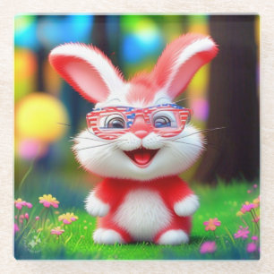 Red Bunny with American Glasses Cartoon-44244 Glass Coaster