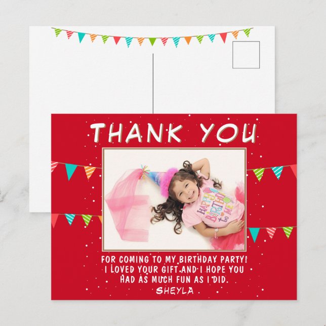 Red Bunting Flag Birthday Photo Thank you  Postcard (Front/Back)