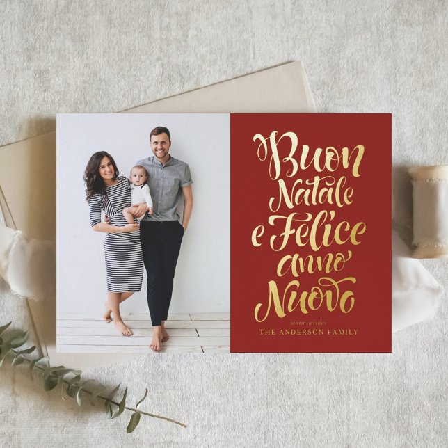 Red Buon Natale Calligraphy Christmas Photo  Foil Holiday Card (Creator Uploaded)