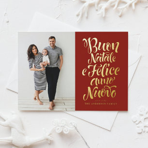 Red Buon Natale Calligraphy Christmas Photo Foil Holiday Postcard