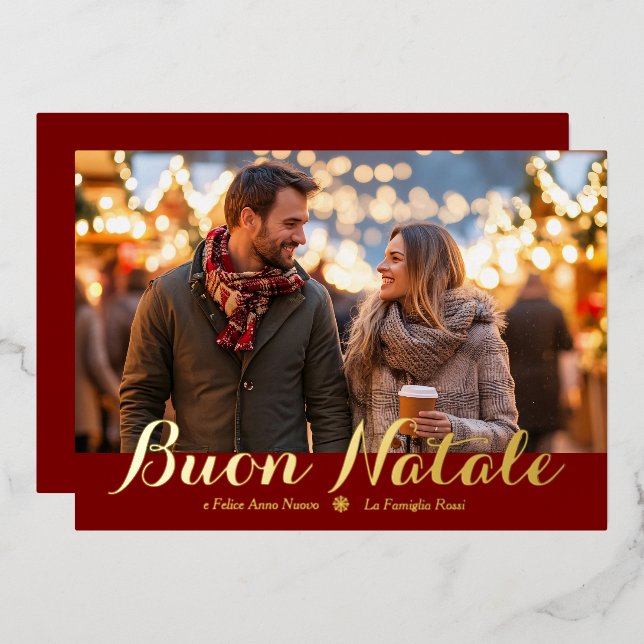 Red Buon Natale e Felice Anno Nuovo Script Photo Foil Holiday Card (Front/Back)