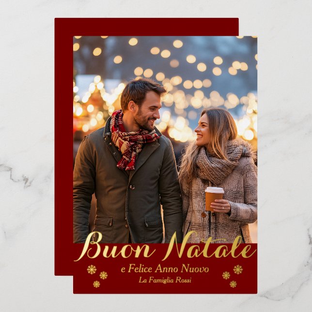 Red Buon Natale e Felice Anno Nuovo Script Photo Foil Holiday Card (Front/Back)