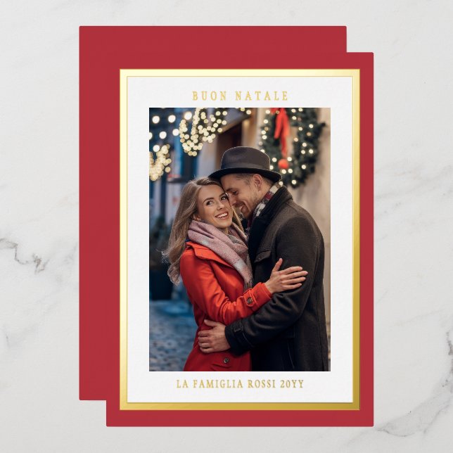 Red Buon Natale Simple Modern Photo Foil Holiday Card (Front/Back)