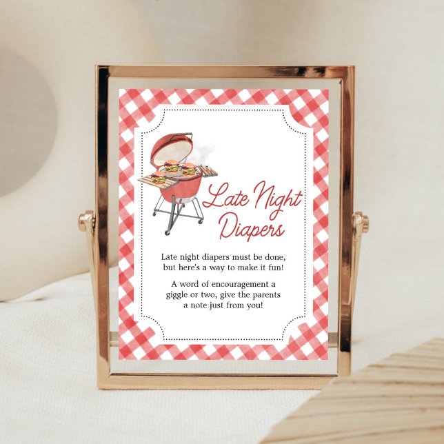 Red Burger BBQ Baby Shower Late Night Diapers Poster (Backyard BBQ Baby Shower Late Night Diapers Sign)
