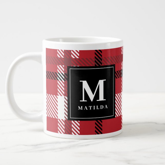 Red, burgundy and black tartan check Christmas Large Coffee Mug (Left)