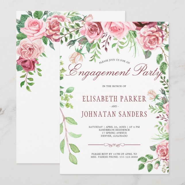 Red Burgundy and Blush Pink Roses Engagement Party Invitation (Front/Back)