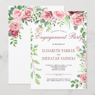 Red Burgundy and Blush Pink Roses Engagement Party Invitation
