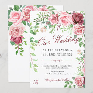 Red Burgundy and Blush Pink Roses Monogram Wedding Invitation