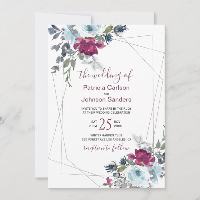 Red burgundy and dusty blue winter floral wedding invitation (Front)