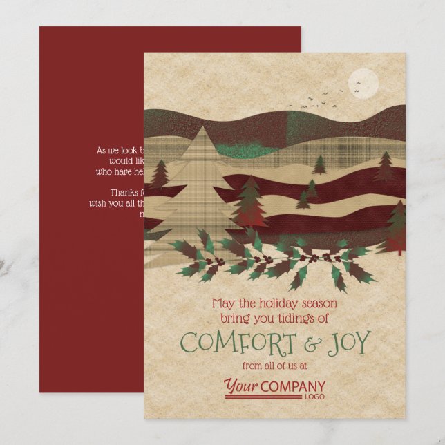 Red, Burgundy, Beige Rustic Company Holiday Cards (Front/Back)