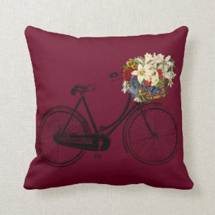 Red burgundy bicycle flower Throw pillow