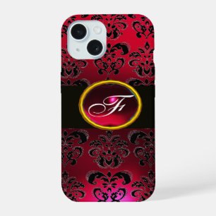 RED BURGUNDY BLACK DAMASK GEM STONE MONOGRAM iPhone 15 CASE