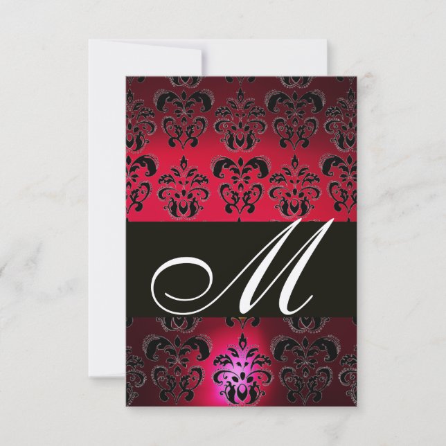 RED BURGUNDY BLACK DAMASK MONOGRAM RSVP ruby gold Card (Front)
