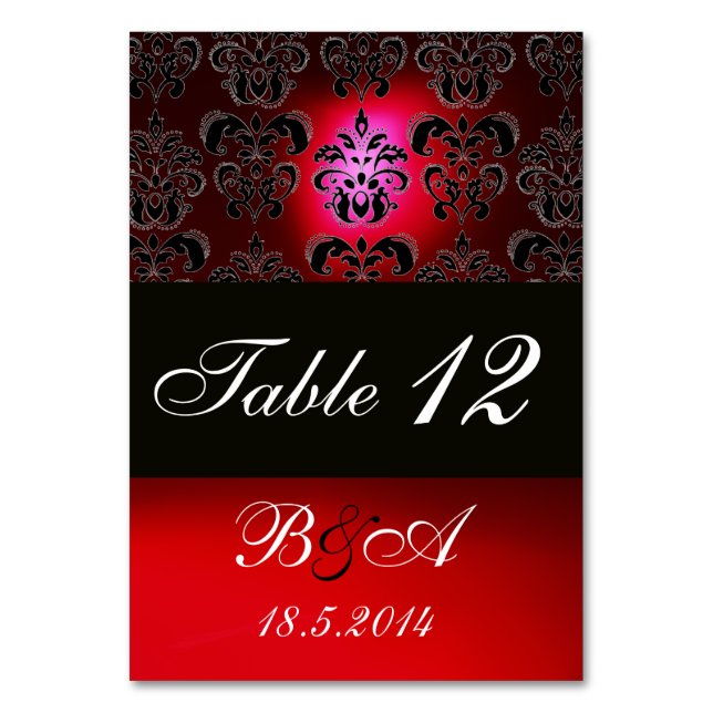 RED BURGUNDY BLACK WHITE CLASSY DAMASK MONOGRAM TABLE NUMBER (Back)