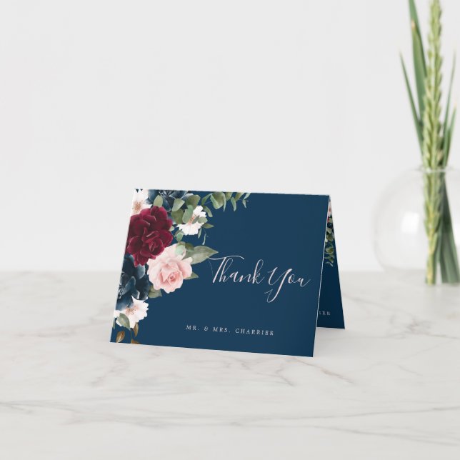 Red Burgundy & Blue Elegant Watercolor Flowers Thank You Card (Front)