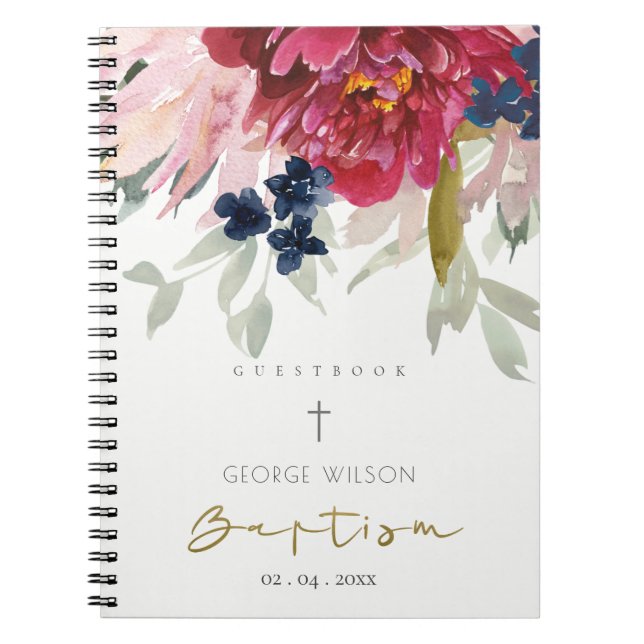Red Burgundy Blush Blue Floral Baptism Guestbook Notebook (Front)