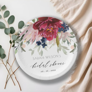 Red Burgundy Blush Blue Floral Bridal Shower Paper Plate