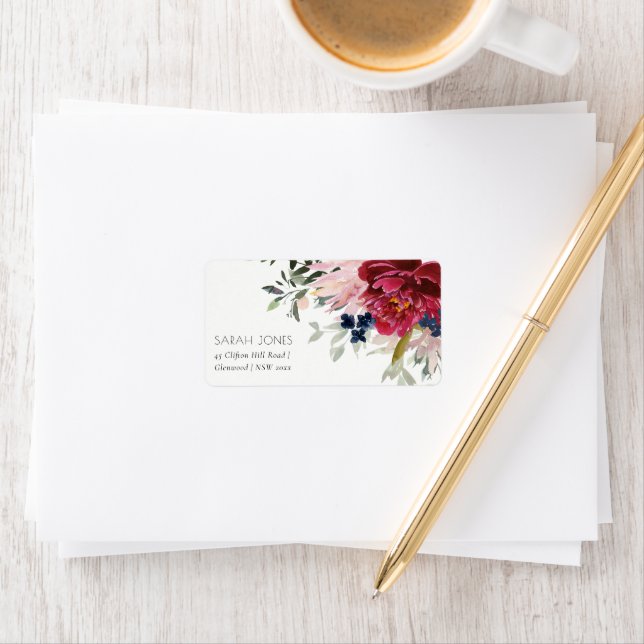Red Burgundy Blush Blue Floral Bunch Address Label (Insitu)