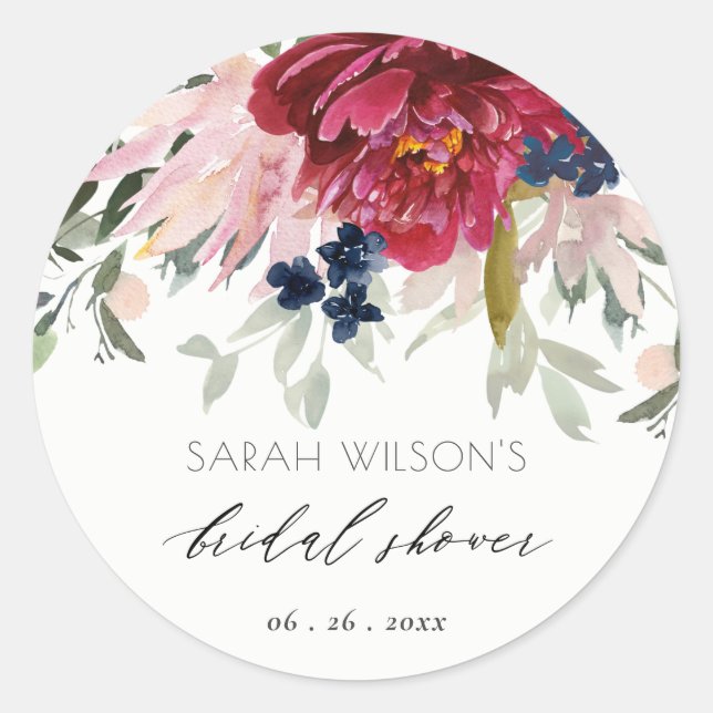 Red Burgundy Blush Blue Floral Bunch Bridal Shower Classic Round Sticker (Front)