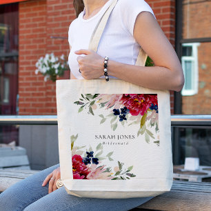 Red Burgundy Blush Blue Floral Bunch Bridesmaid Tote Bag