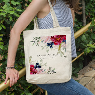 Red Burgundy Blush Blue Floral Bunch Wedding Tote Bag