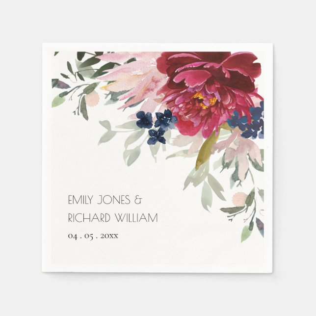 Red Burgundy Blush Blue Floral Wedding Bunch Napkin (Front)