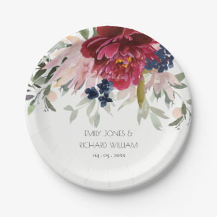 Red Burgundy Blush Blue Floral Wedding Bunch Paper Plate