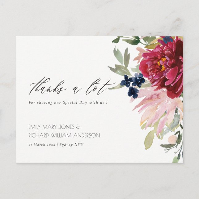 Red Burgundy Blush Blue Floral Wedding Thanks Postcard (Front)