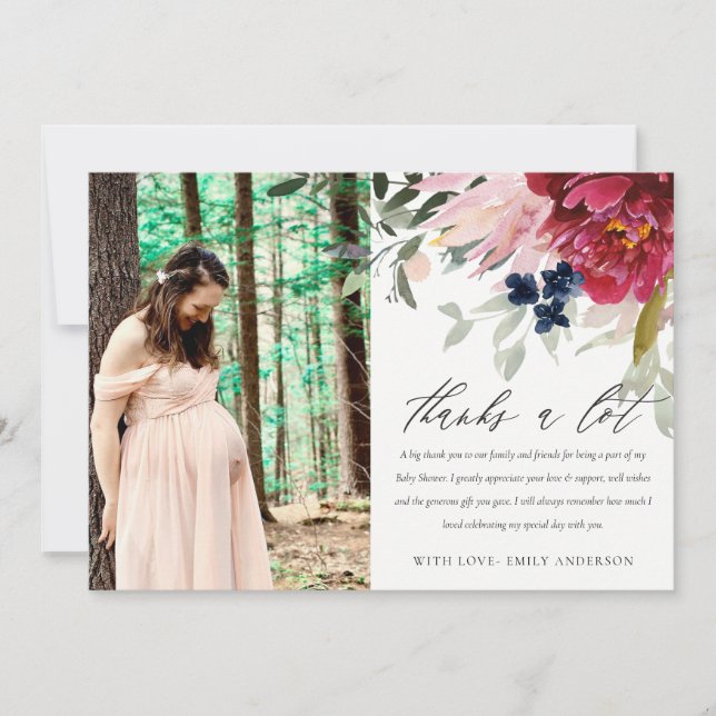 Red Burgundy Blush Floral Bunch Photo Baby Shower Thank You Card (Front)