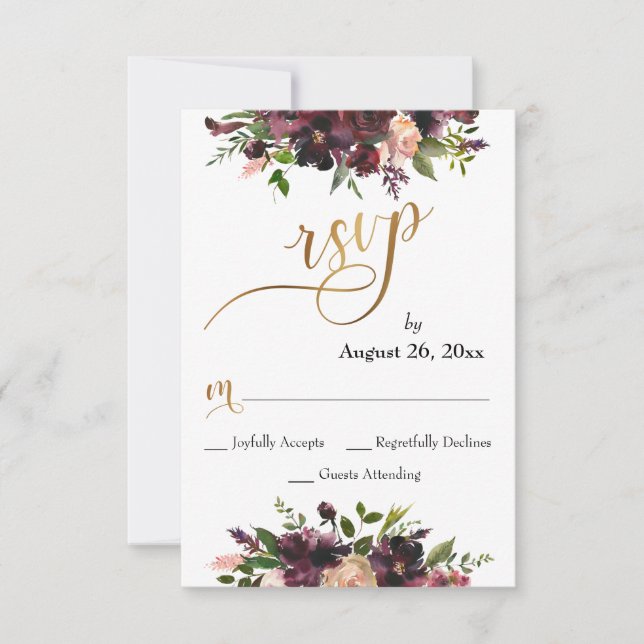 Red Burgundy Blush Floral Gold Script Wedding RSVP (Front)
