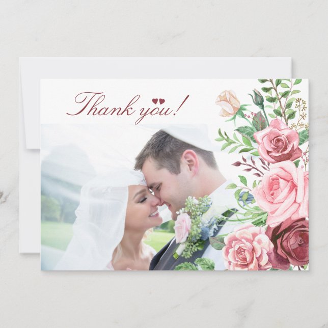 Red Burgundy Blush Pink Roses PHOTO Wedding Thank You Card (Front)