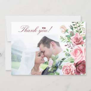 Red Burgundy Blush Pink Roses PHOTO Wedding Thank You Card