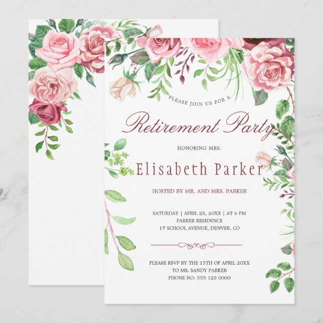 Red Burgundy Blush Pink Roses Retirement Party Invitation (Front/Back)