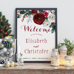 Red burgundy bouquet winter wedding welcome sign<br><div class="desc">Chic and classy wedding sign poster with red burgundy and white peonies with winter seasonal fir branches, red berries and foliage and with custom red script lettering on white background Please note that the background color is editable. You can change it, as well as the lettering fonts and color, after...</div>
