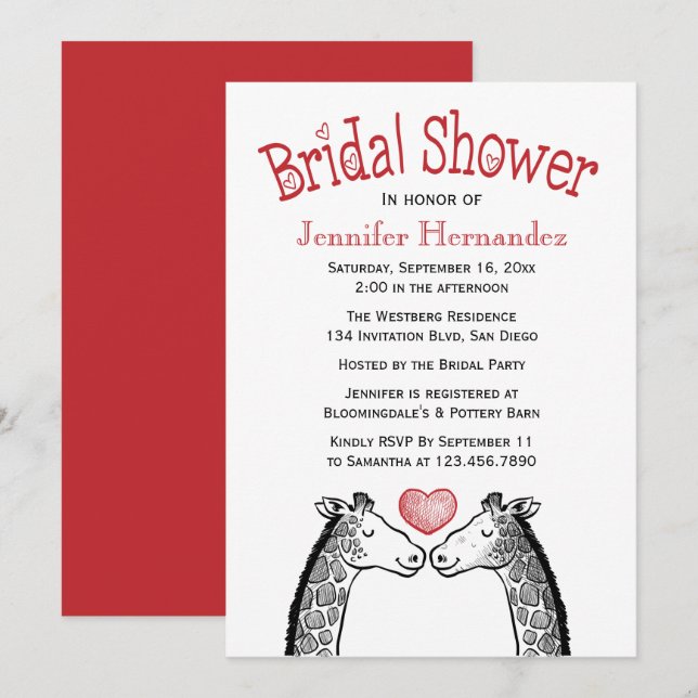 Red Burgundy Bridal Shower Giraffe Love Wedding Invitation (Front/Back)
