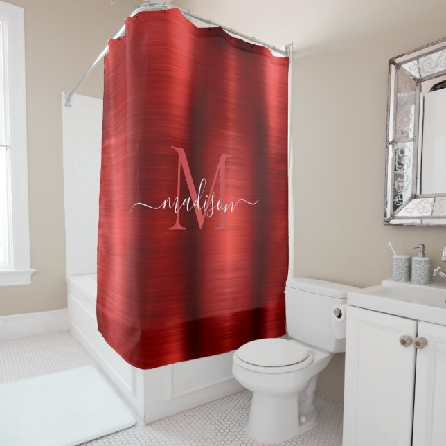 Red Burgundy Brushed Metal Monogram Girly Script Shower Curtain (In Situ)
