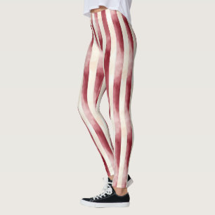 Red Burgundy Cream Stripes Christmas Leggings