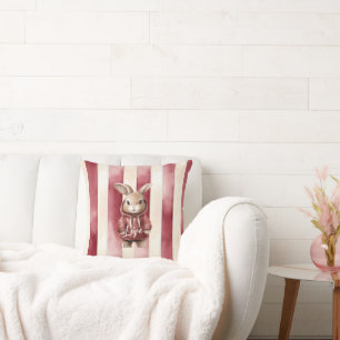 Red Burgundy Cream Stripes Love Bunny Cushion