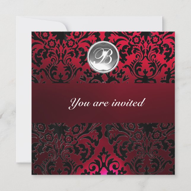RED BURGUNDY DAMASK GEM STONE MONOGRAM ice white Invitation (Front)