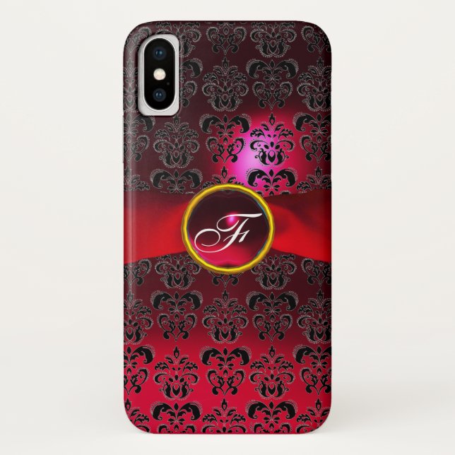 RED BURGUNDY DAMASK RIBBON GEM MONOGRAM Case-Mate iPhone CASE (Back)