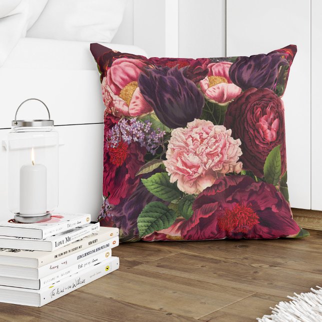 Red burgundy deep purple and blush pink flowers cushion (Creator Uploaded)