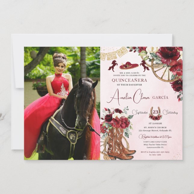 Red Burgundy Floral Charro Cowgirl Quinceanera Invitation (Front)