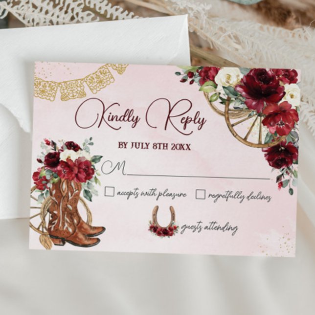 Red Burgundy Floral Charro West Quinceañera Reply RSVP Card (Creator Uploaded)