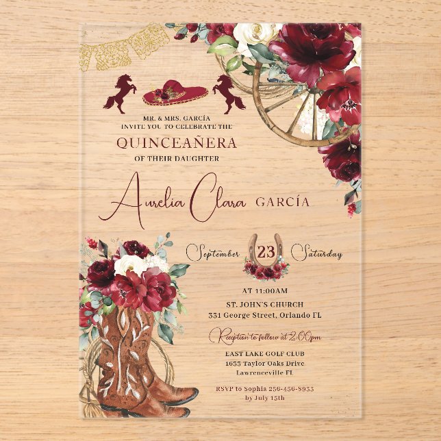 Red Burgundy Floral Charro Western Quinceanera  Acrylic Invitations (Front)