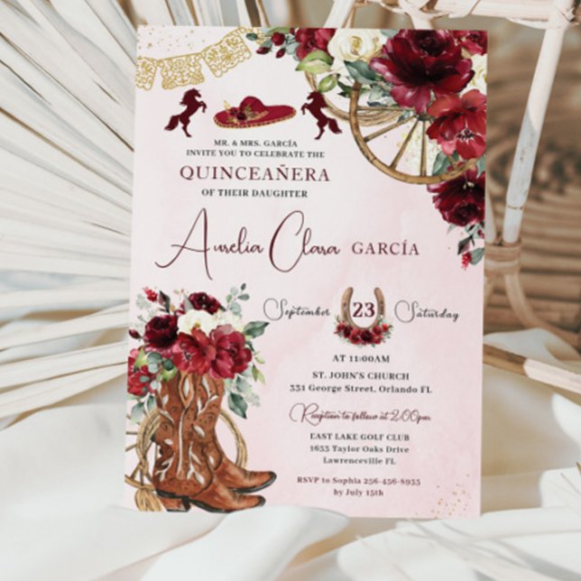 Red Burgundy Floral Charro Western Quinceanera  Invitation (Creator Uploaded)