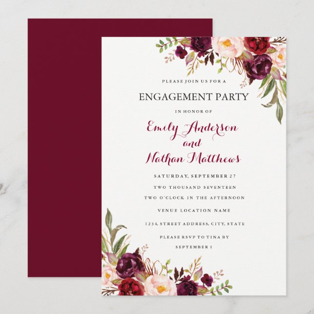 Red Burgundy Floral Fall Engagement Party Card (Front/Back)