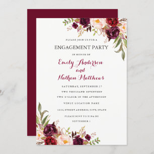 Red Burgundy Floral Fall Engagement Party Card