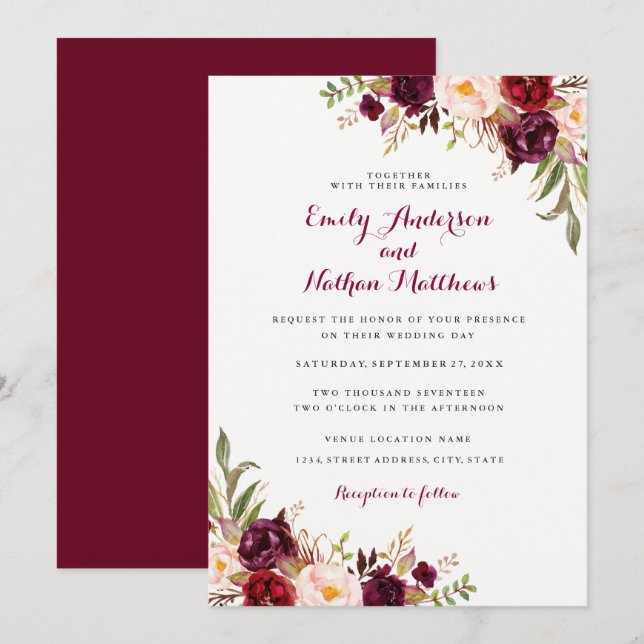 Red Burgundy Floral Fall Wedding Invitation (Front/Back)