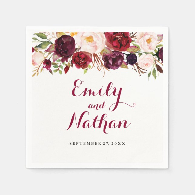 Red Burgundy Floral Fall Wedding Napkin (Front)