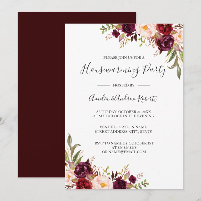 Red Burgundy Floral Housewarming Party Invitation (Front/Back)